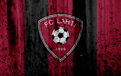 4k, FC Lahti, grunge, Veikkausliiga, soccer, art, football club, Finland, Lahti, logo, stone texture, Lahti FC