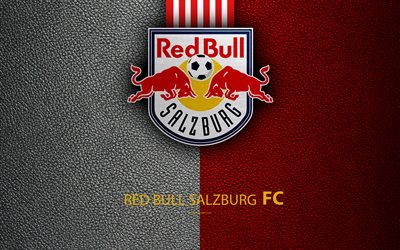 FC Red Bull Salzburg, 4K, leather texture, logo, Austrian football club, Austrian Bundesliga, Salzburg, Austria, football