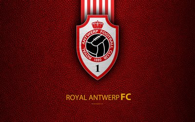 Royal Antwerp FC, 4K, Belgian Football Club, logo, Jupiler Pro League, leather texture, Antwerp, Belgium, Belgian First Division A, football