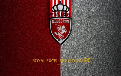 Royal Excel Mouscron FC, 4K, Belgian Football Club, logo, Jupiler Pro League, leather texture, Mouscron, Belgium, Belgian First Division A, football