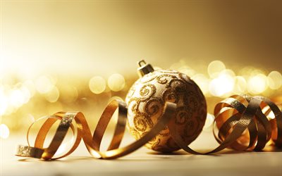 Merry Christmas, New Year, gold decoration, gold Christmas balls