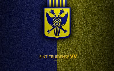 Sint-Truidense VV FC, 4K, Belgian Football Club, logo, Jupiler Pro League, leather texture, Sint-Truiden, Belgium Belgian First Division A, football