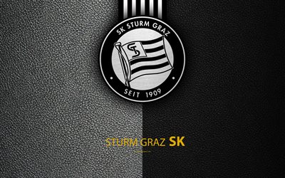 Sturm Graz FC, 4K, leather texture, logo, Austrian football club, Austrian Bundesliga, Graz, Austria, football