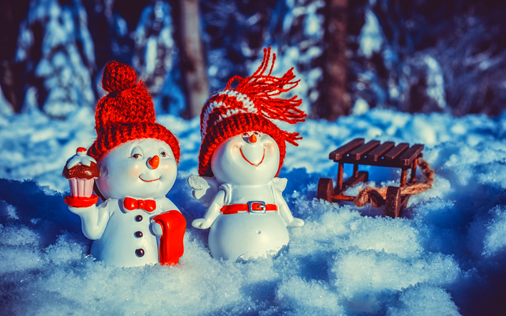 4k, Snowmen, winter, close-up, Happy New Year, Xmas holidays, Merry Christmas, snowdrifts