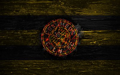Columbus Crew FC, fire logo, MLS, yellow and black lines, american football club, grunge, football, soccer, logo, Eastern Conference, Columbus Crew, wooden texture, USA