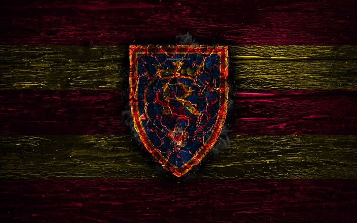 Real Salt Lake FC, fire logo, MLS, purple and yellow lines, american football club, grunge, football, soccer, logo, Western Conference, Real Salt Lake, wooden texture, USA