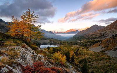 autumn landscape, yellow trees, valley, evening, sunset, mountain landscape, lakes, USA, North America