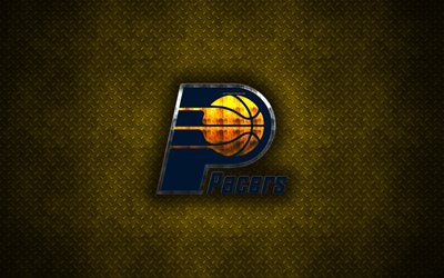 Indiana Pacers, 4k, American Basketball Club, metal logo, creative art, NBA, emblem, yellow metal background, Indiana, USA, basketball, National Basketball Association, Eastern Conference