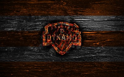 Houston Dynamo FC, fire logo, MLS, orange and white lines, american football club, grunge, football, soccer, logo, Western Conference, Houston Dynamo, wooden texture, USA