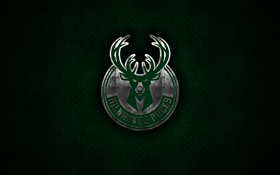 Milwaukee Bucks, 4k, American Basketball Club, metal logo, creative art, NBA, emblem, green metal background, Milwaukee, Wisconsin, USA, basketball, National Basketball Association, Eastern Conference
