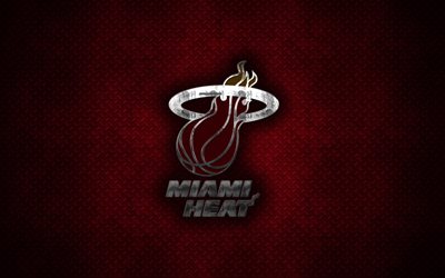 Miami Heat, 4k, American Basketball Club, metal logo, creative art, NBA, emblem, red metal background, Miami, Florida, USA, basketball, National Basketball Association, Eastern Conference