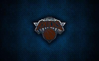 New York Knicks, 4k, American Basketball Club, metal logo, creative art, NBA, emblem, blue metal background, New York, USA, basketball, National Basketball Association, Eastern Conference
