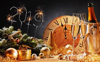 4k, Happy New year 2019, clock, glasses with champagne, xmas decorations, gifts, Merry Christmas
