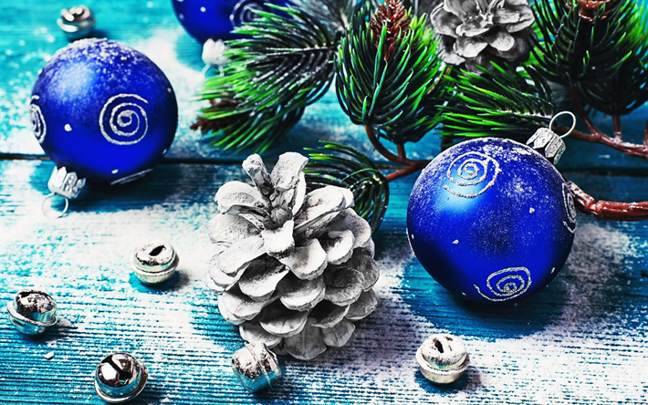blue balls, fir branches, HDR, Christmas, Xmas decoration, bumps, Merry Christmas, silver decorations, Happy New year