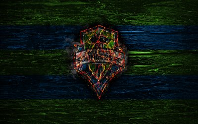 Seattle Sounders FC, fire logo, MLS, green and blue lines, american football club, grunge, football, soccer, logo, Western Conference, Seattle Sounders, wooden texture, USA