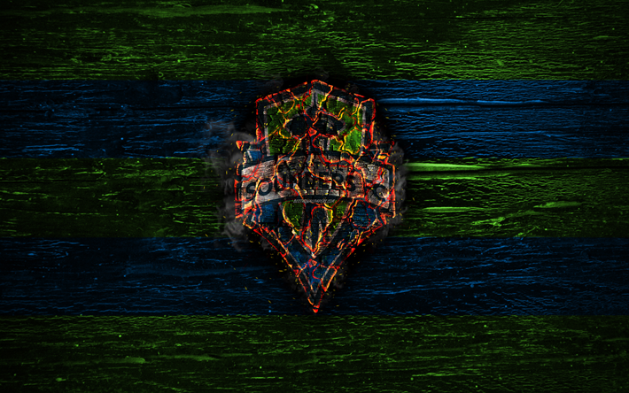 Seattle FC Sirenler, yangın logo, İLKAY, yeşil ve mavi &#231;izgiler, Amerikan Futbol Kul&#252;b&#252;, grunge, futbol, logo, Batı Konferansı, Seattle Sirenler, ahşap doku, ABD