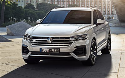 Volkswagen Touareg, 2018, 4k, business class, new white Touareg, exterior, front view, German cars, white SUV, Volkswagen
