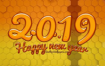 2019 year, honey digits, creative, 2019 concepts, hexagons background, abstract art, Happy New Year 2019