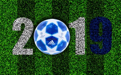 uefa-champions-league-2019, fu&#223;ball-konzepte, fu&#223;ball-rasen, 2019 konzepte, neues jahr 2019, fu&#223;ball, champions league, ball, 2019 jahr, kreative kunst, gr&#252;n, gras