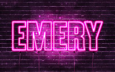 Emery, 4k, wallpapers with names, female names, Emery name, purple neon lights, horizontal text, picture with Emery name
