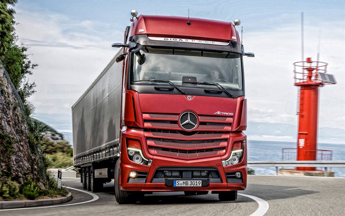 Mercedes-Benz Actros, 2019, exteri&#246;r, framifr&#229;n, nya r&#246;da Actros, trucking begrepp, leverans, tyska lastbilar, cargo leverans begrepp, Mercedes