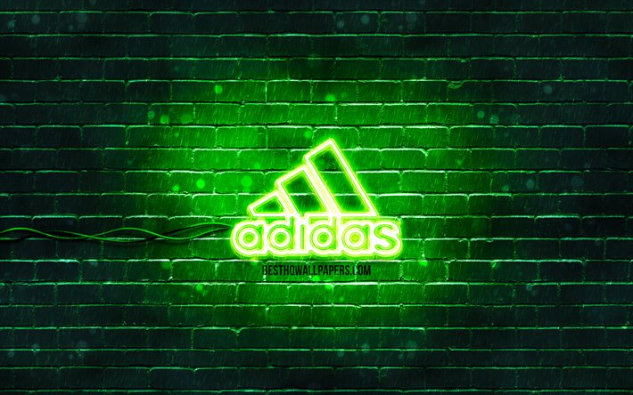 Adidas green logo, 4k, green brickwall, Adidas logo, brands, Adidas neon logo, Adidas