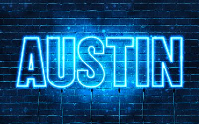 Austin, 4k, wallpapers with names, horizontal text, Austin name, blue neon lights, picture with Austin name