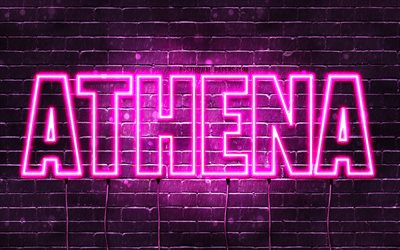 Athena, 4k, wallpapers with names, female names, Athena name, purple neon lights, horizontal text, picture with Athena name