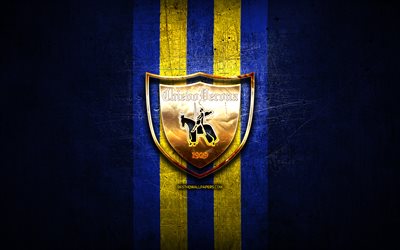 Chievo Verona FC, golden logo, Serie B, blue metal background, football, AC Chievo Verona, italian football club, Chievo Verona logo, soccer, Italy