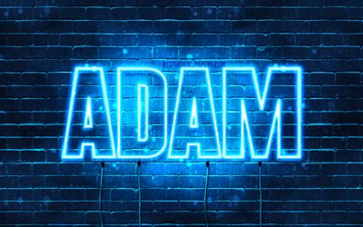Adam, 4k, 壁紙名, テキストの水平, アダム名, 青色のネオン, 写真とアダムの名前