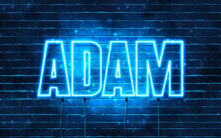 Adam, 4k, les papiers peints avec les noms, le texte horizontal, Adam nom, bleu n&#233;on, une photo avec le nom Adam