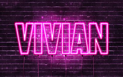 Vivian, 4k, wallpapers with names, female names, Vivian name, purple neon lights, horizontal text, picture with Vivian name