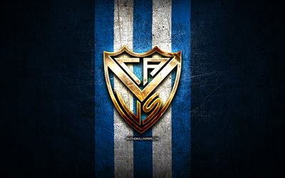 Velez Sarsfield FC, golden logo, Argentine Primera Division, blue metal background, football, CA Velez Sarsfield, argentinian football club, Velez Sarsfield logo, soccer, Argentina