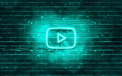 Youtube turquoise logo, 4k, turquoise brickwall, Youtube logo, brands, Youtube neon logo, Youtube