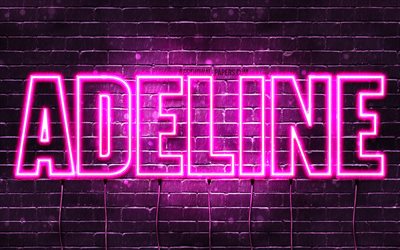 Adeline, 4k, wallpapers with names, female names, Adeline name, purple neon lights, horizontal text, picture with Adeline name