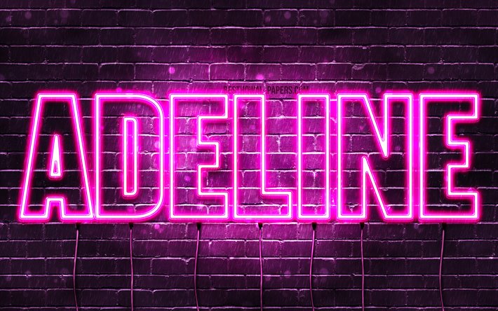 Adeline, 4k, tapeter med namn, kvinnliga namn, Adeline namn, lila neon lights, &#246;vergripande text, bild med Adeline namn