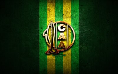 Aldosivi FC, golden logo, Argentine Primera Division, green metal background, football, CA Aldosivi, argentinian football club, Aldosivi logo, soccer, Argentina