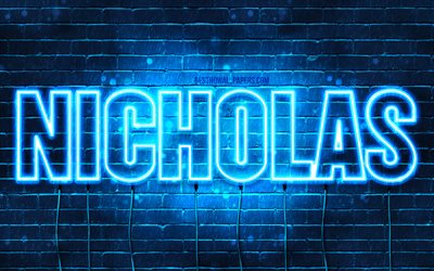 Nicholas, 4k, taustakuvia nimet, vaakasuuntainen teksti, Nicholas nimi, blue neon valot, kuva Nicholas nimi