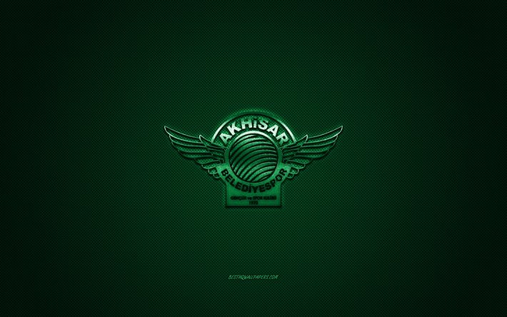 Akhisar Belediyespor, Turkish football club, 1 Lig, green logo, green carbon fiber background, football, Akhisarspor, Akhisar, Turkey, Akhisarspor logo