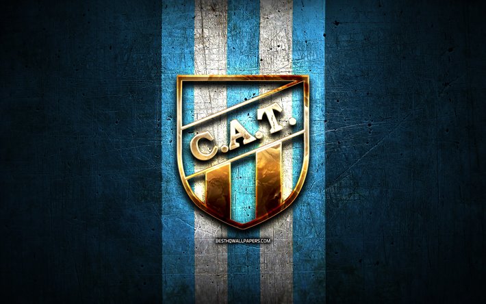 Tucuman FC, golden logo, Argentine Primera Division, blue metal background, football, CA Tucuman, argentinian football club, Tucuman logo, soccer, Argentina, Club Atletico Tucuman