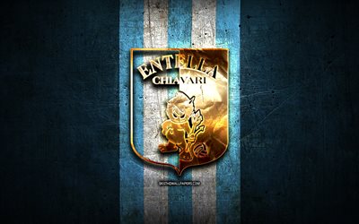Virtus Entella FC, golden logo, Serie B, blue metal background, football, Entella, italian football club, Virtus Entella logo, soccer, Italy