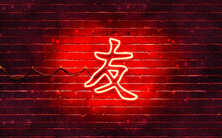 freunde hieroglyphe kanji, 4k, neon-japanischen hieroglyphen, kanji, japanische symbol f&#252;r freunde, rot brickwall, freunde, japanische schriftzeichen, rot, neon-symbole, freunde japanische symbol