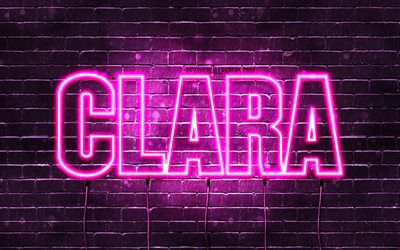 Clara, 4k, fondos de pantalla con los nombres, los nombres femeninos, Clara nombre, p&#250;rpura luces de ne&#243;n, el texto horizontal, imagen con el nombre de Clara