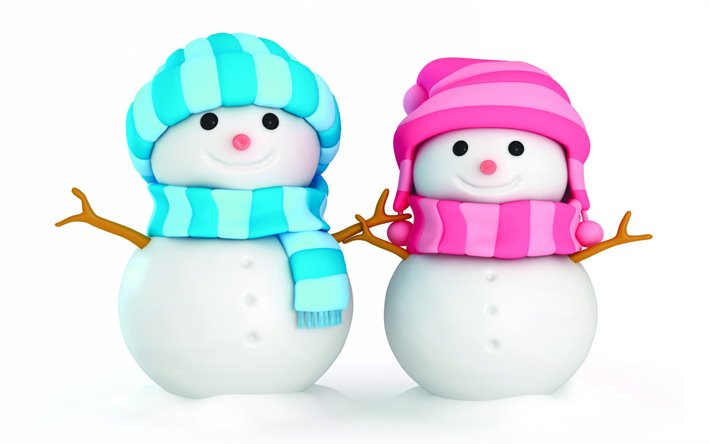 two snowmen, 3D art, christmas decorations, snowman, winter, xmas backgrounds, christmas concepts, happy new year, snowmen, xmas decorations, background with snowman