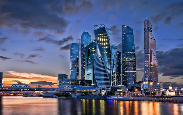 Moscow City, HDR, cityscapes, Russia, sunset, Moscow, russian cities, skyscrapers, modern buildings, Moscow landmarks