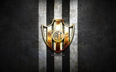 Central Cordoba FC, golden logo, Argentine Primera Division, black metal background, football, CA Central Cordoba, argentinian football club, Central Cordoba logo, soccer, Argentina, Club Atletico Central Cordoba