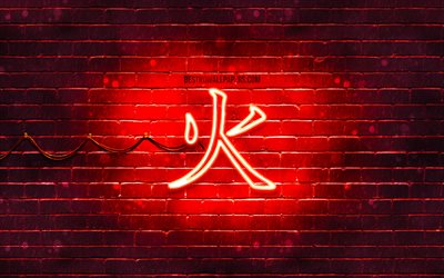 火漢字hieroglyph, 4k, ネオンの日本hieroglyphs, 漢字, 日本のシンボルで火災, 赤brickwall, 火災日本語文字, 赤いネオン記号, 火災日本のシンボル