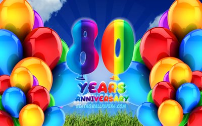 4k, 80 Years Anniversary, cloudy sky background, colorful ballons, artwork, 80th anniversary sign, Anniversary concept, 80th anniversary