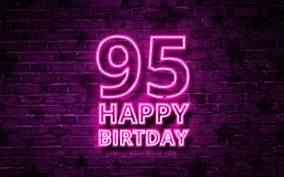 Happy 95 Years Birthday, 4k, purple neon text, 95th Birthday Party, purple brickwall, Happy 95th birthday, Birthday concept, Birthday Party, 95th Birthday