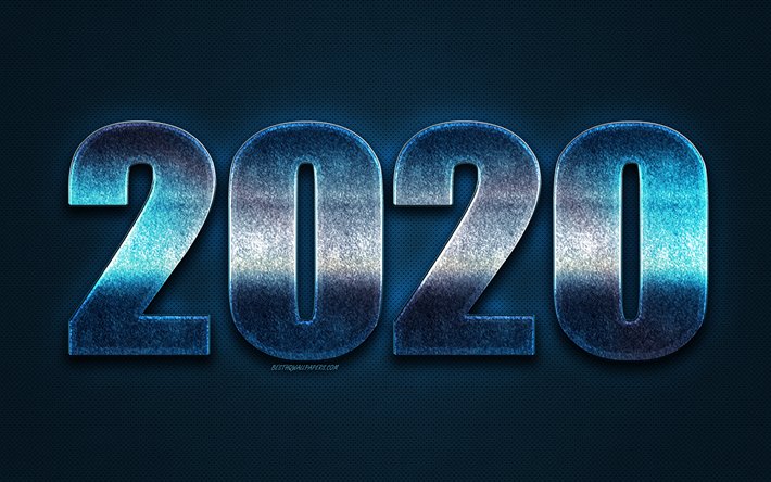 Bleu 2020 fond, Happy New year, bleu m&#233;tal, texture, 2020 concepts, 2020 art, Nouvel An 2020, art cr&#233;atif